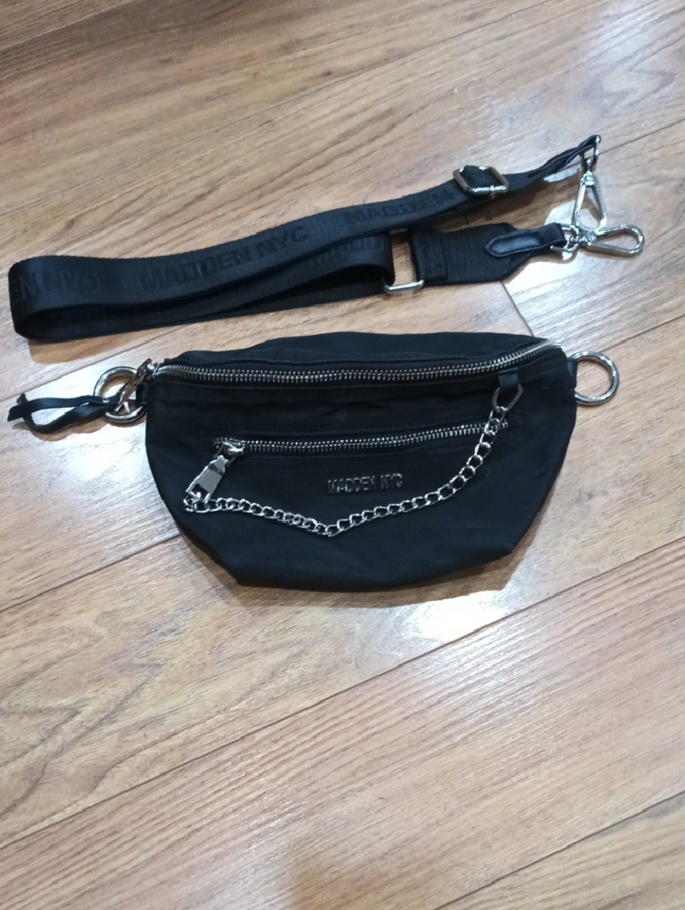 Madden NYC Black Women's Belt Bag with Silver Chain